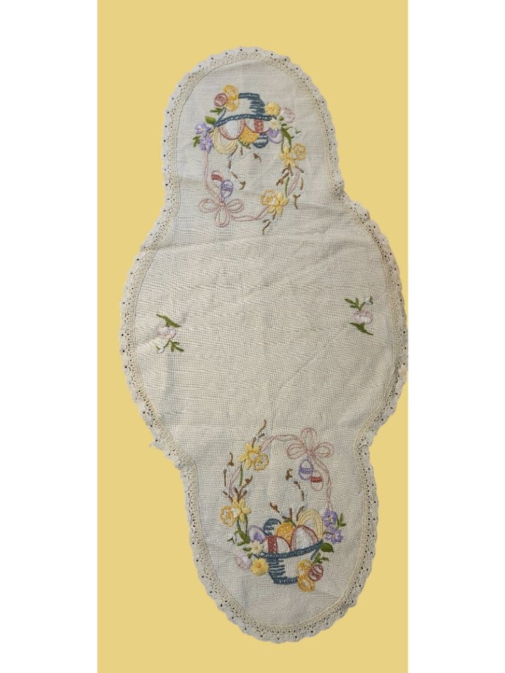 Embroidered Easter Basket & Eggs Linen Table Runner, Bread Basket Liner